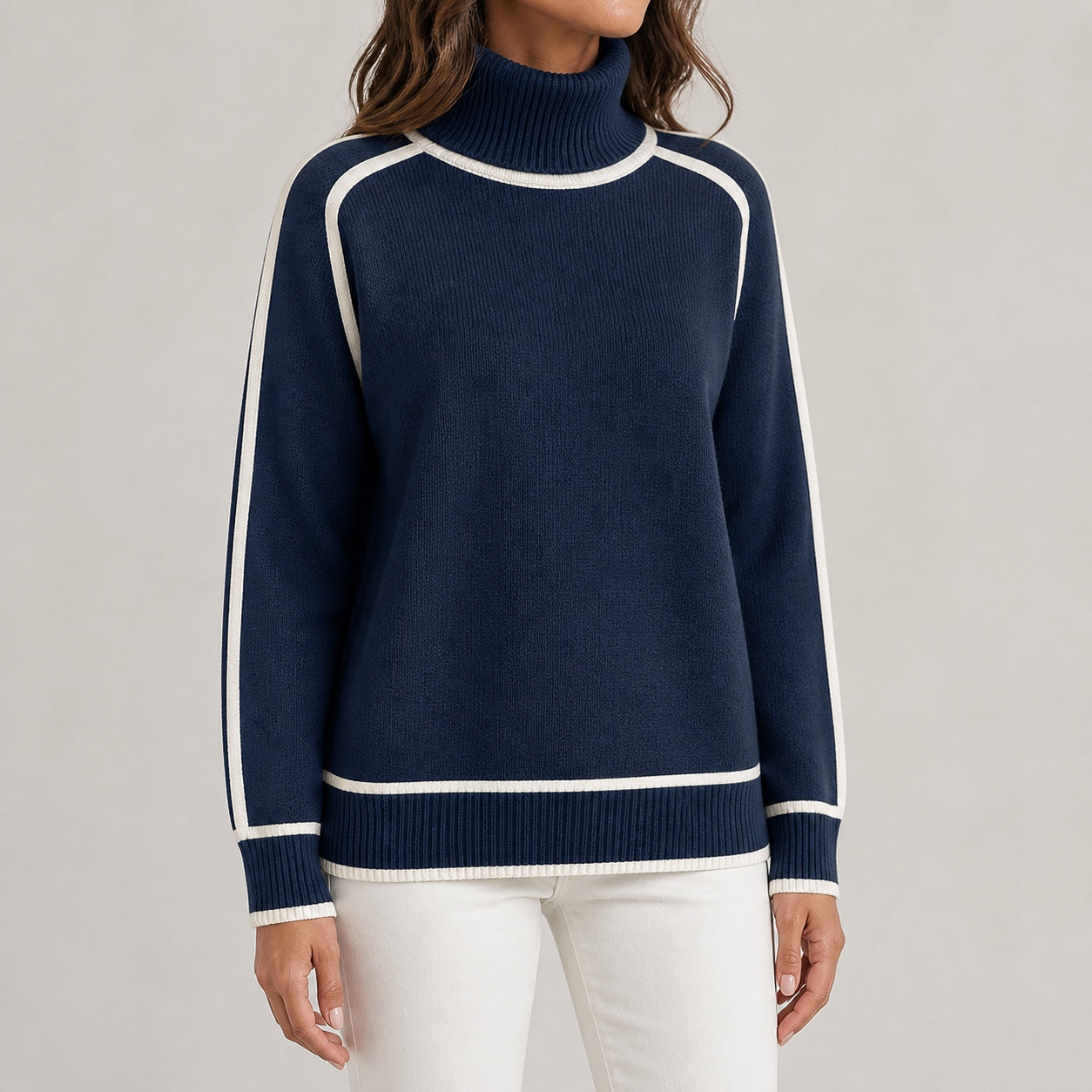 Navy women's contrast-trim roll-neck knitted jumper, three-quarter view