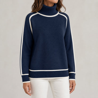 Navy women's contrast-trim roll-neck knitted jumper, three-quarter view