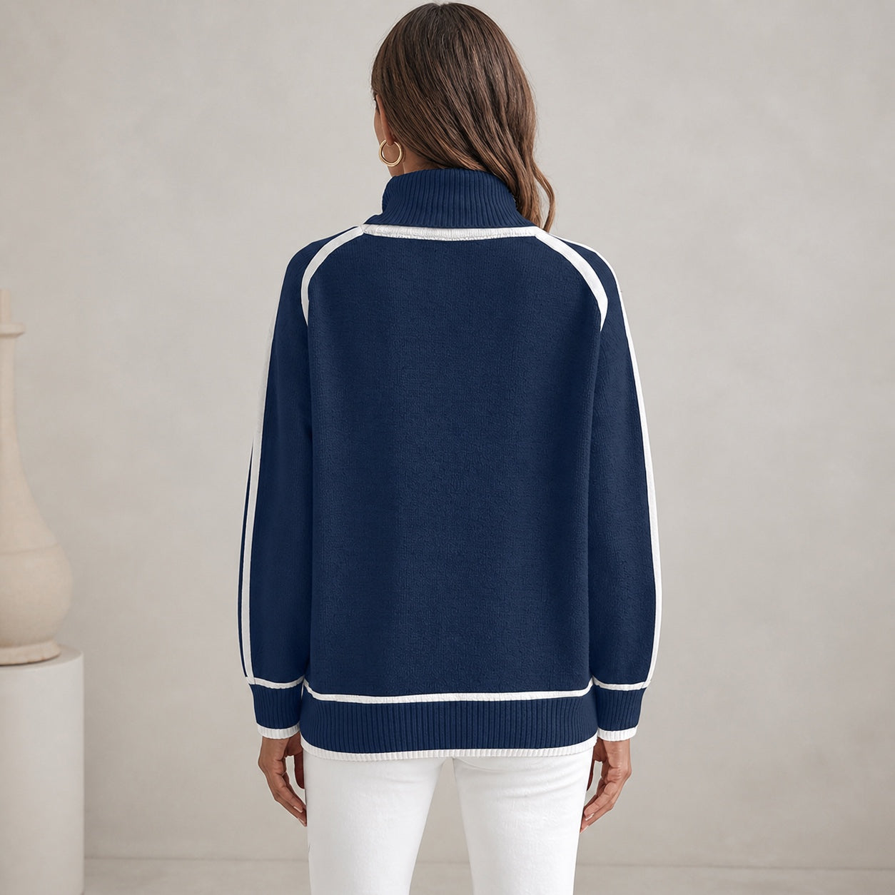 Navy women's contrast-trim roll-neck knitted jumper, back view