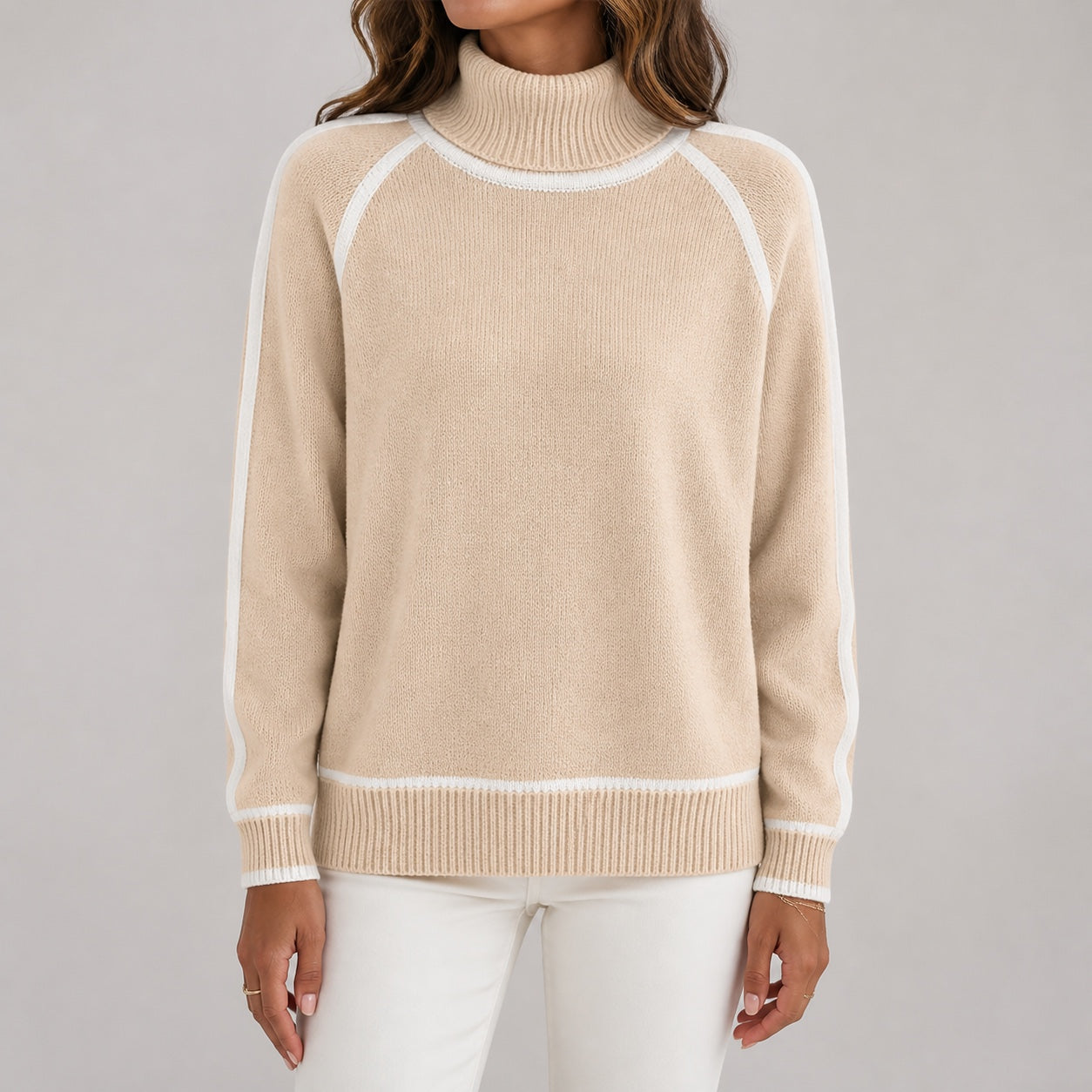 Oatmeal women's contrast-trim roll-neck knitted jumper, straight-on front view