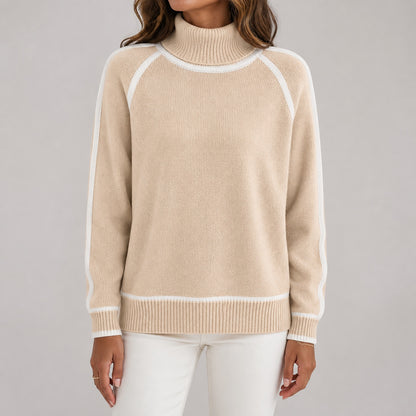 Oatmeal women's contrast-trim roll-neck knitted jumper, straight-on front view