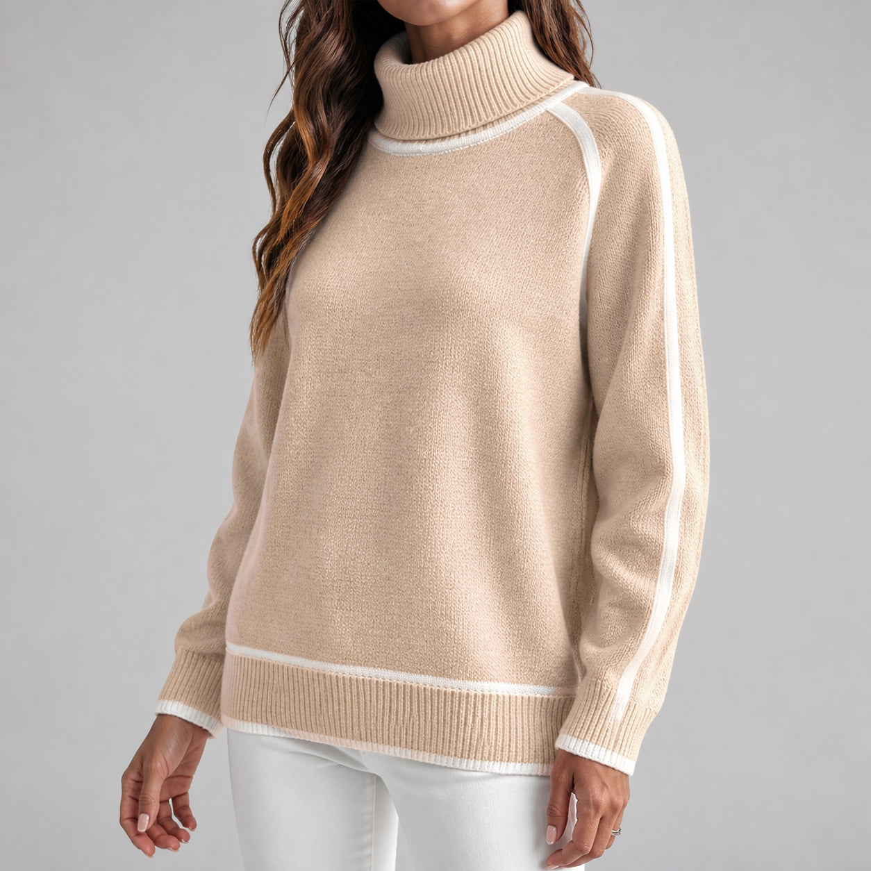 Oatmeal women's contrast-trim roll-neck knitted jumper, three-quarter view