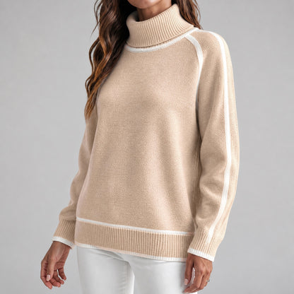 Oatmeal women's contrast-trim roll-neck knitted jumper, three-quarter view