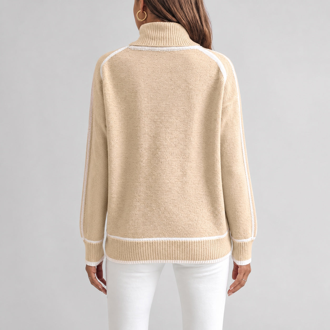 Oatmeal women's contrast-trim roll-neck knitted jumper, back view