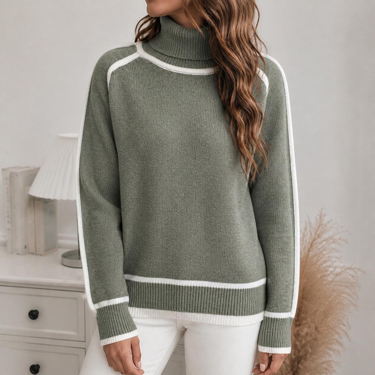 Sage Green women's contrast-trim roll-neck knitted jumper, front model view