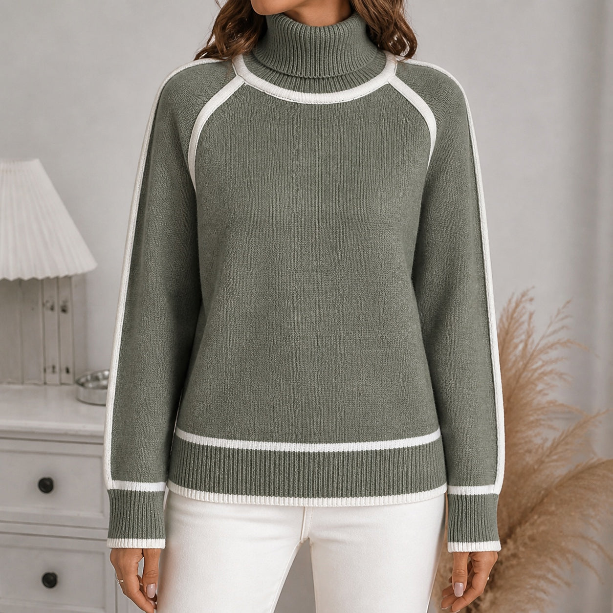 Sage Green women's contrast-trim roll-neck knitted jumper, straight-on front view