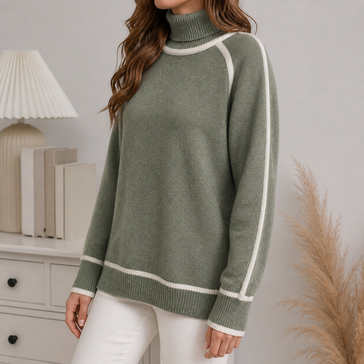 Sage Green women's contrast-trim roll-neck knitted jumper, three-quarter view