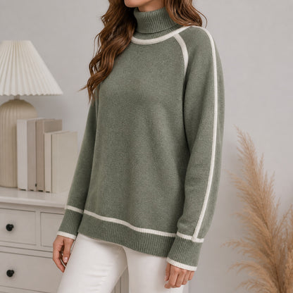 Sage Green women's contrast-trim roll-neck knitted jumper, three-quarter view