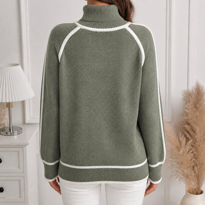 Sage Green women's contrast-trim roll-neck knitted jumper, back view