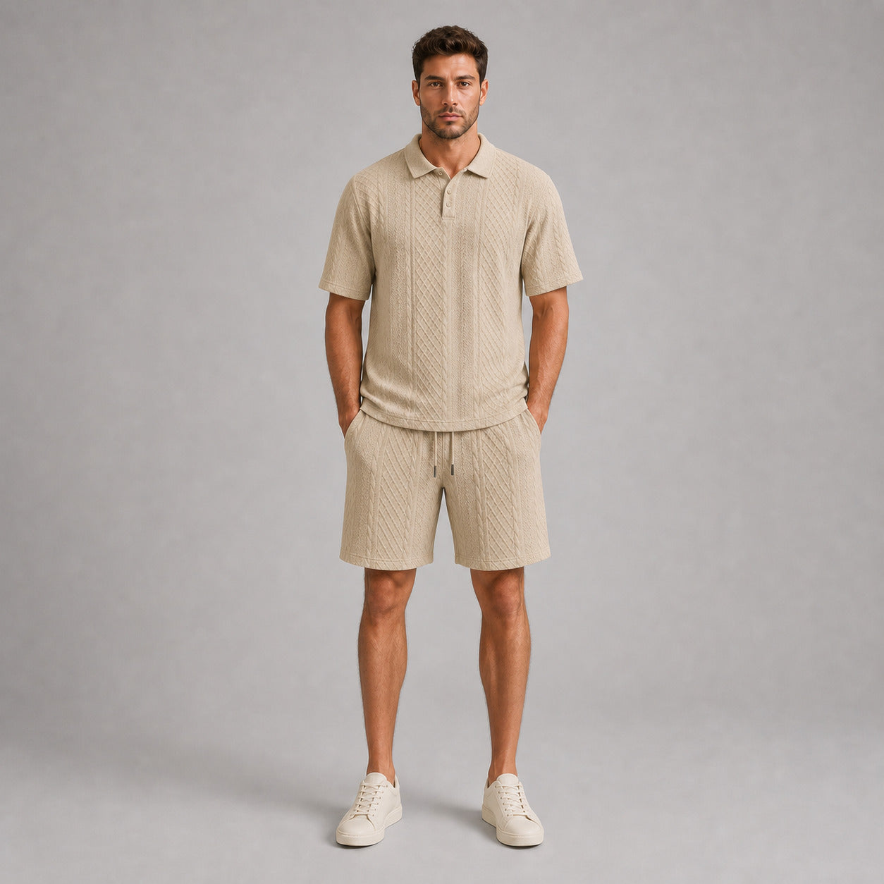 Stone Beige men's textured jacquard polo shirt and shorts set, front full-body view