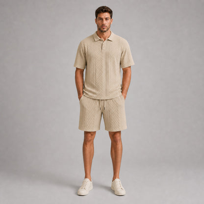 Stone Beige men's textured jacquard polo shirt and shorts set, front full-body view