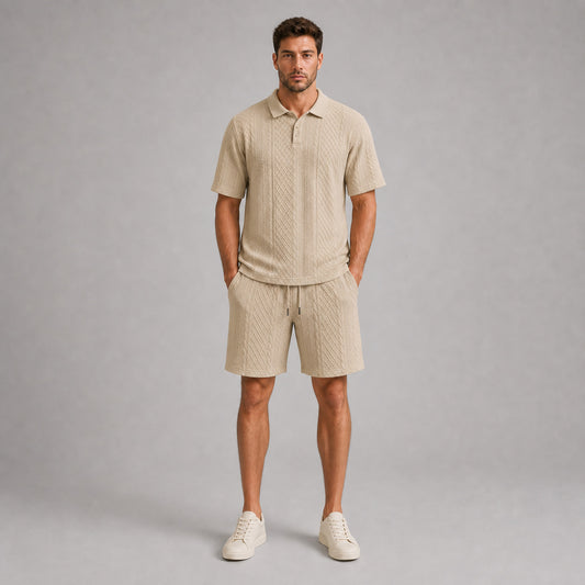 Stone Beige men's textured jacquard polo shirt and shorts set, front full-body view