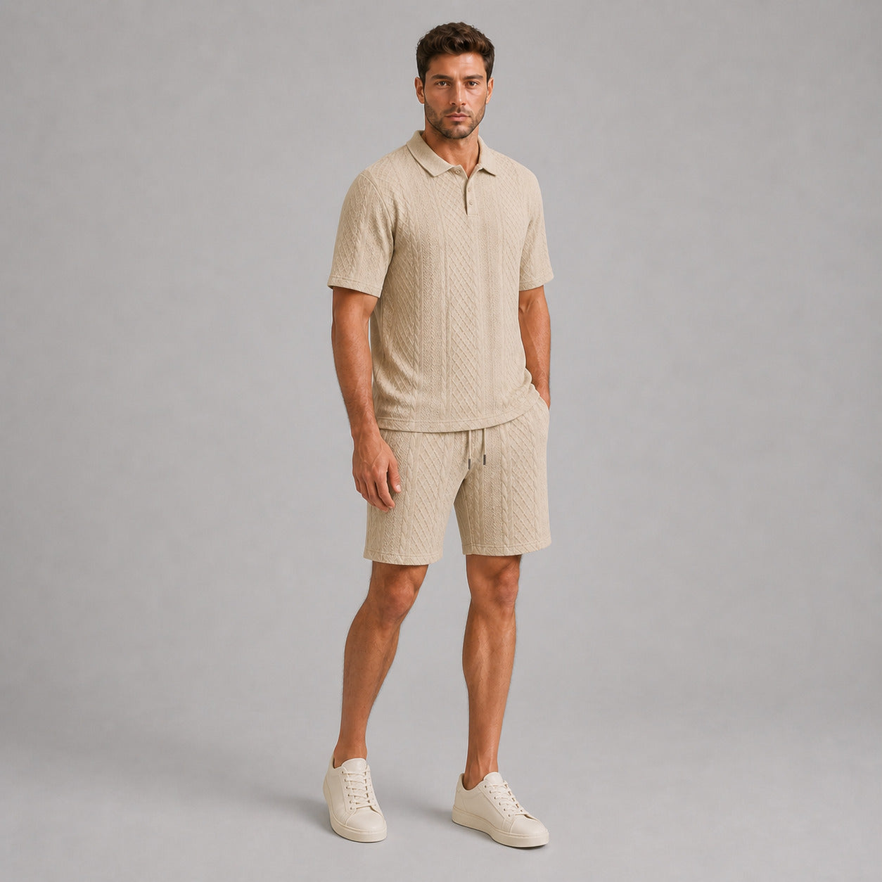 Stone Beige men's textured jacquard polo shirt and shorts set, natural 45-degree full-body view