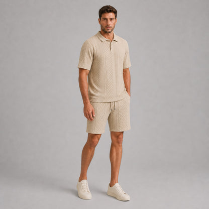 Stone Beige men's textured jacquard polo shirt and shorts set, natural 45-degree full-body view