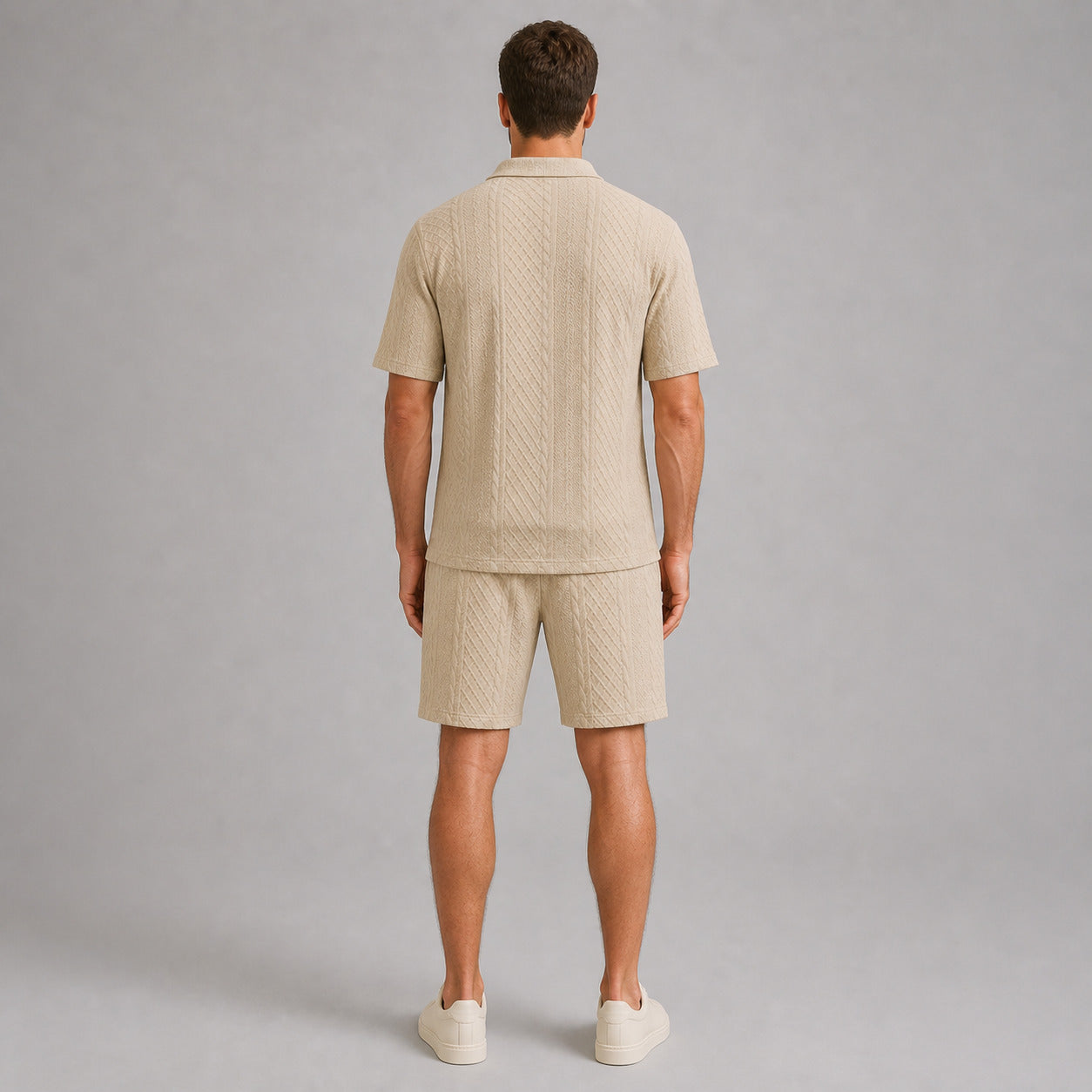 Stone Beige men's textured jacquard polo shirt and shorts set, back full-body view