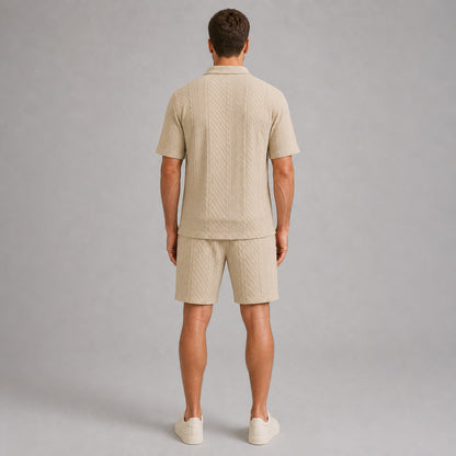 Stone Beige men's textured jacquard polo shirt and shorts set, back full-body view