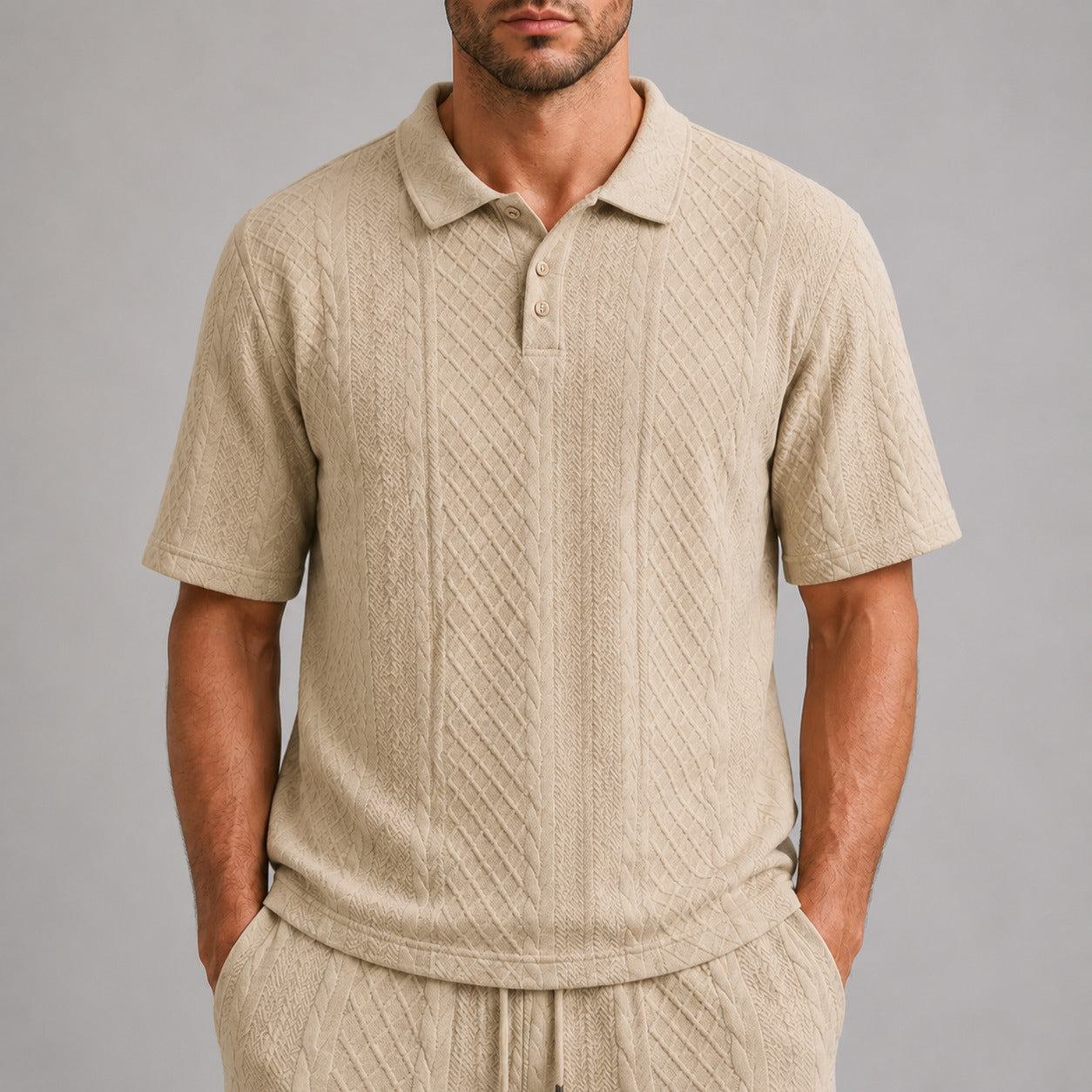 Stone Beige men's textured jacquard polo shirt, raised geometric texture close-up
