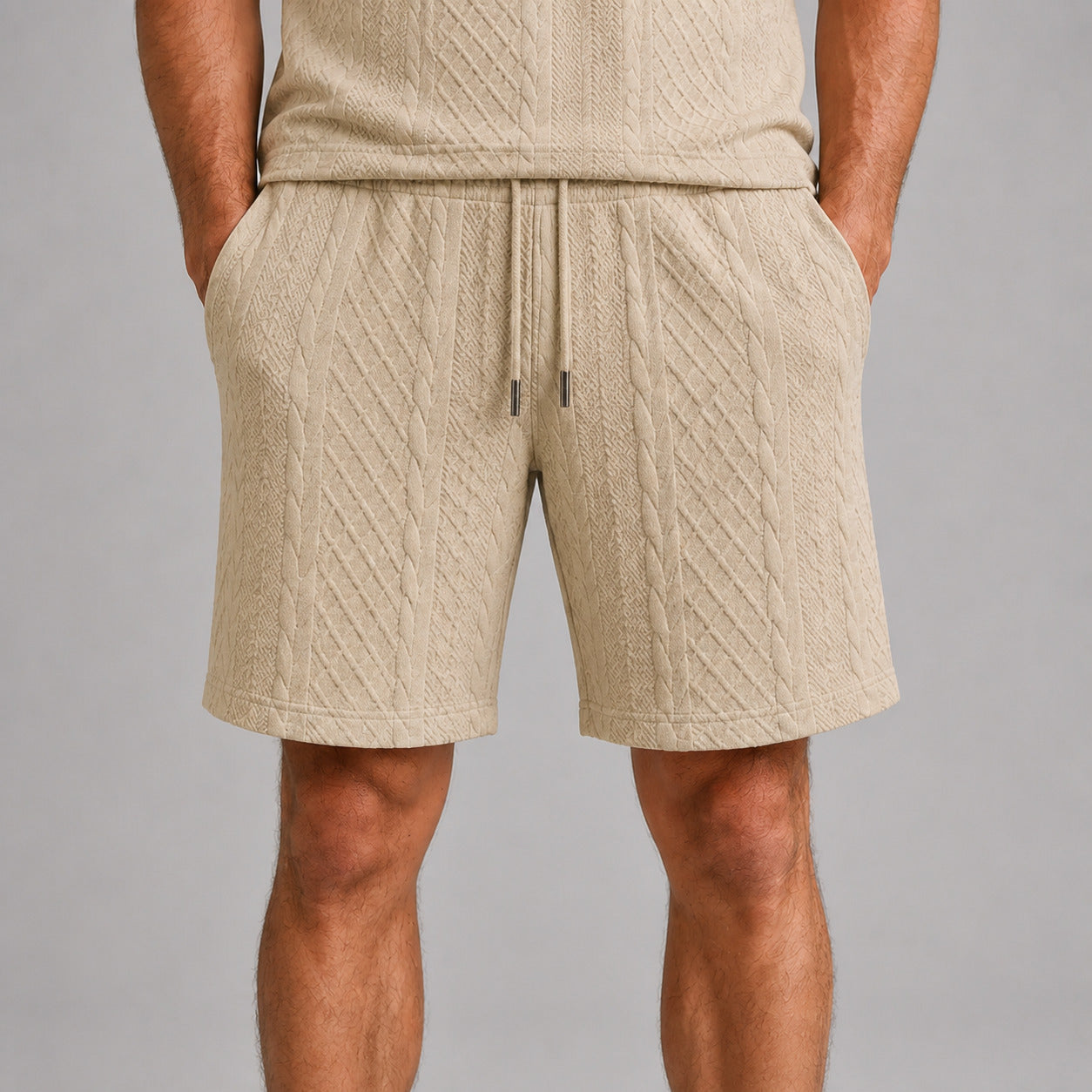 Stone Beige men's drawstring shorts, raised geometric texture close-up