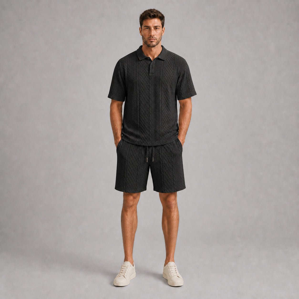 Black men's textured jacquard polo shirt and shorts set, front full-body view