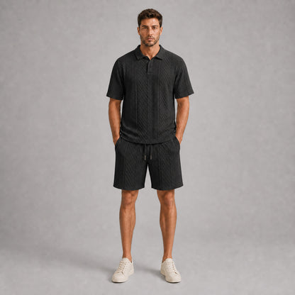 Black men's textured jacquard polo shirt and shorts set, front full-body view