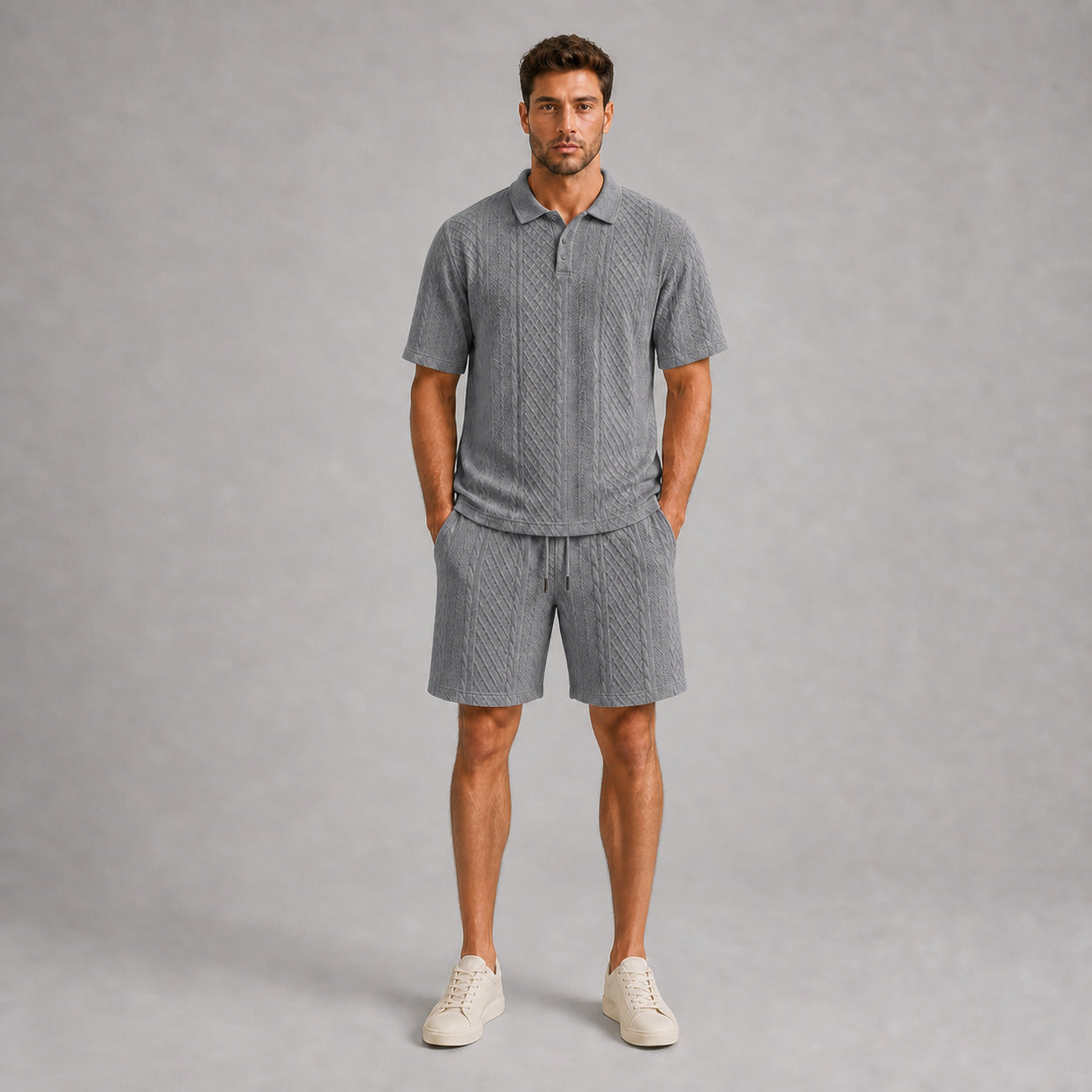 Mid Grey men's textured jacquard polo shirt and shorts set, front full-body view