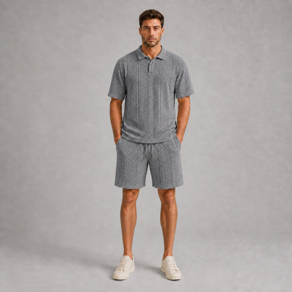 Mid Grey men's textured jacquard polo shirt and shorts set, front full-body view