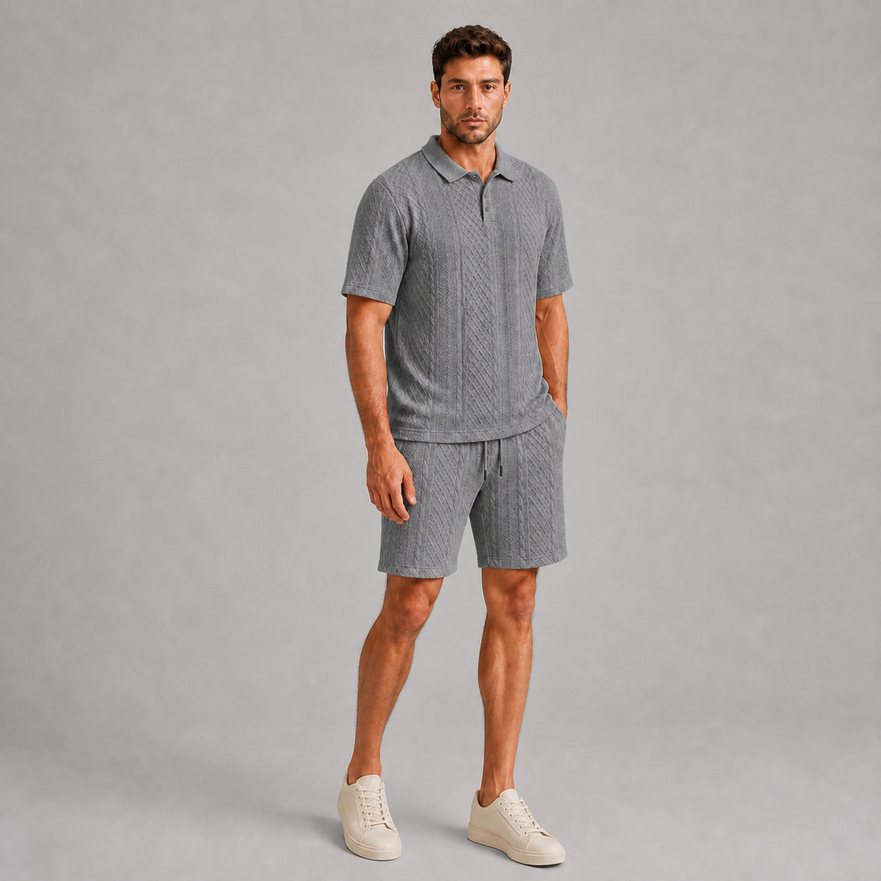 Mid Grey men's textured jacquard polo shirt and shorts set, natural 45-degree full-body view
