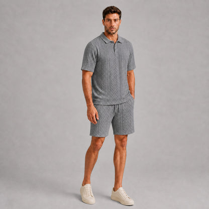 Mid Grey men's textured jacquard polo shirt and shorts set, natural 45-degree full-body view