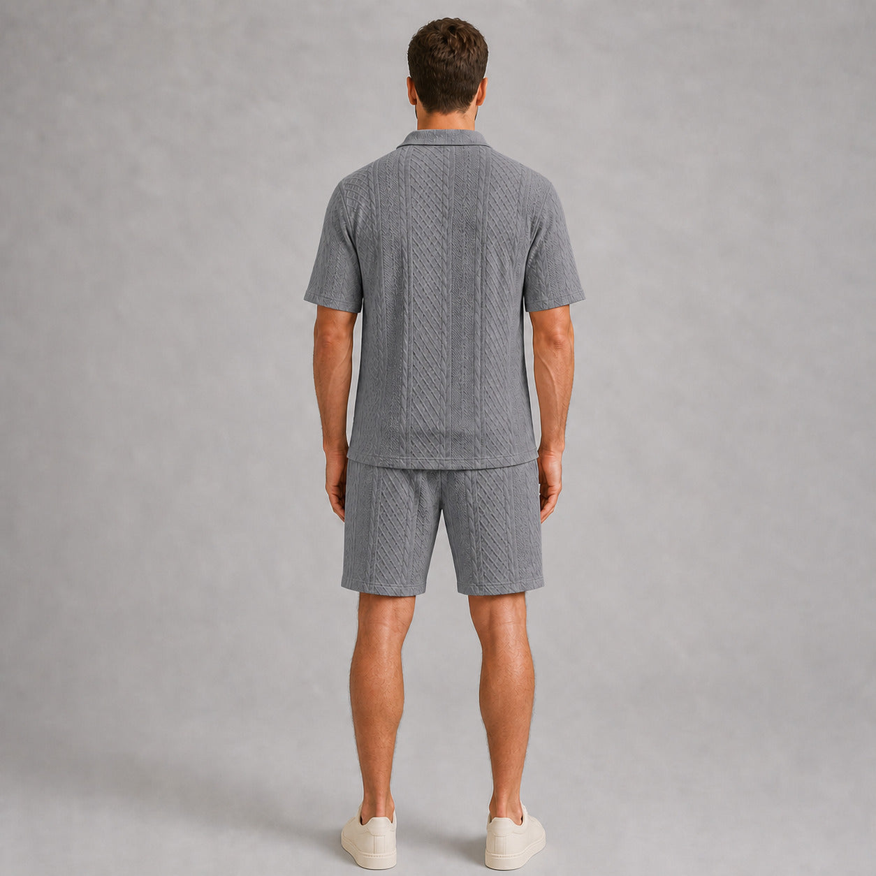 Mid Grey men's textured jacquard polo shirt and shorts set, back full-body view