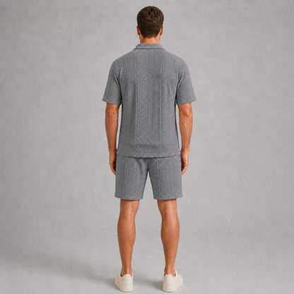 Mid Grey men's textured jacquard polo shirt and shorts set, back full-body view
