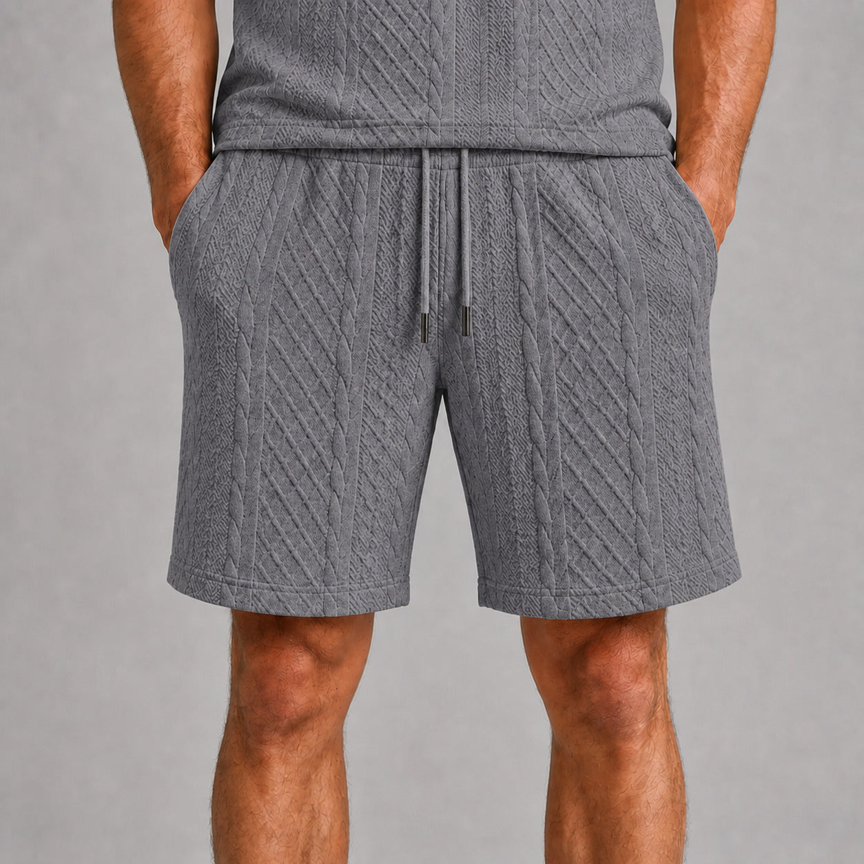 Mid Grey men's drawstring shorts, raised geometric texture close-up