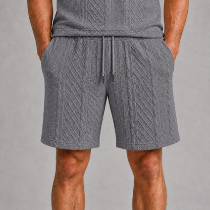 Mid Grey men's drawstring shorts, raised geometric texture close-up