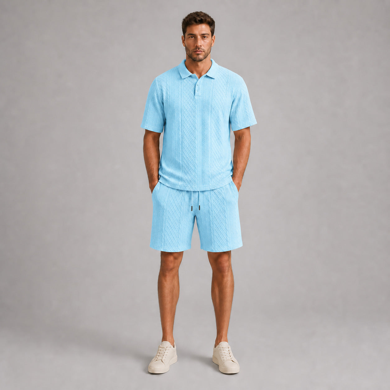 Sky Blue men's textured jacquard polo shirt and shorts set, front full-body view