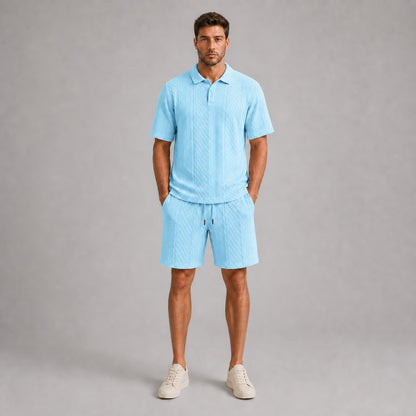 Sky Blue men's textured jacquard polo shirt and shorts set, front full-body view