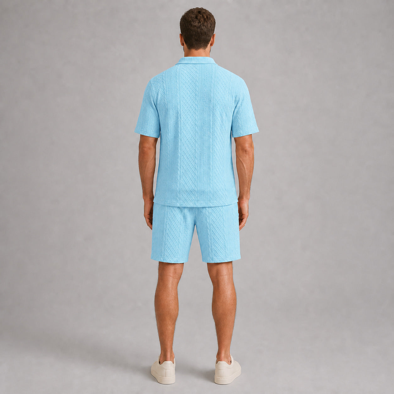 Sky Blue men's textured jacquard polo shirt and shorts set, back full-body view