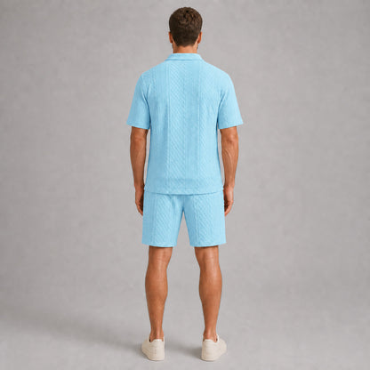 Sky Blue men's textured jacquard polo shirt and shorts set, back full-body view