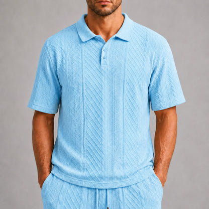 Sky Blue men's textured jacquard polo shirt, raised geometric texture close-up