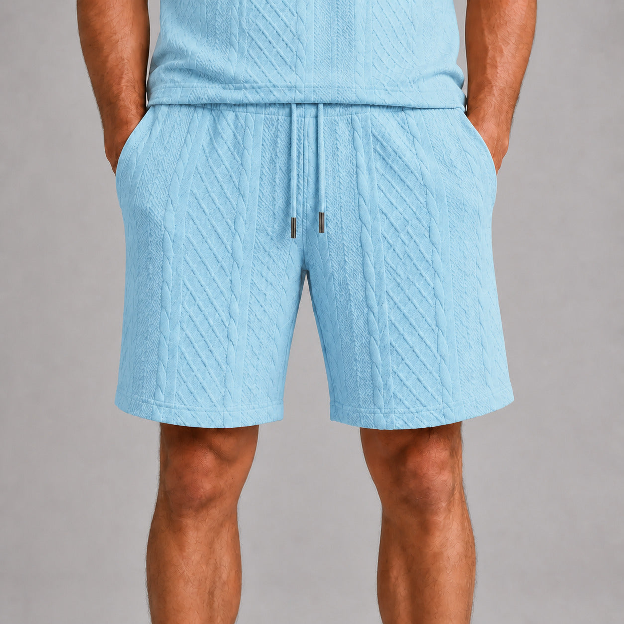 Sky Blue men's drawstring shorts, raised geometric texture close-up