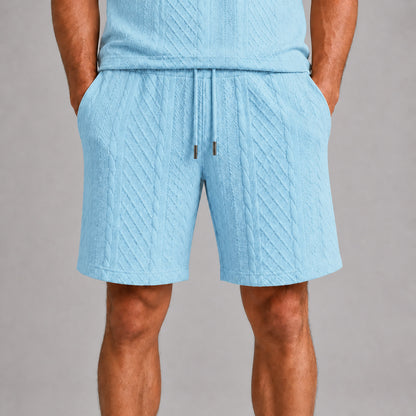 Sky Blue men's drawstring shorts, raised geometric texture close-up