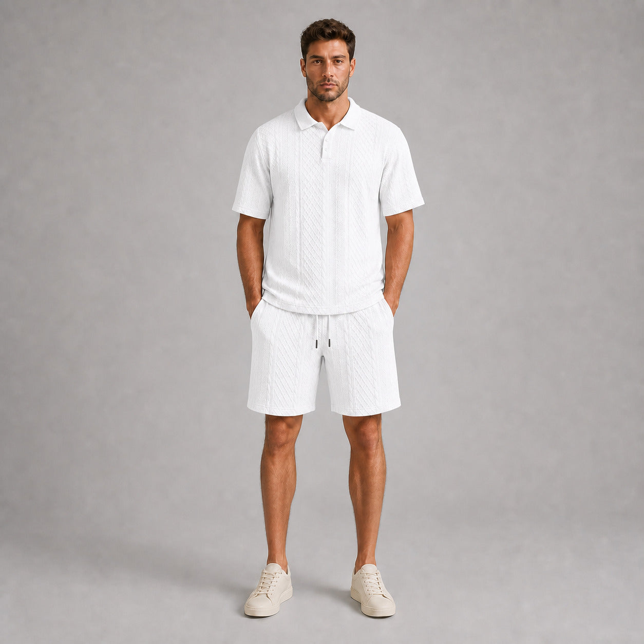 White men's textured jacquard polo shirt and shorts set, front full-body view