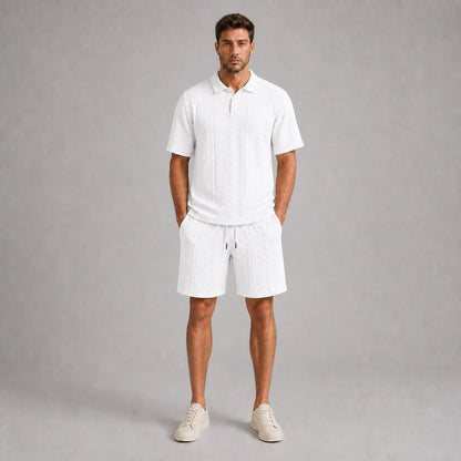 White men's textured jacquard polo shirt and shorts set, front full-body view
