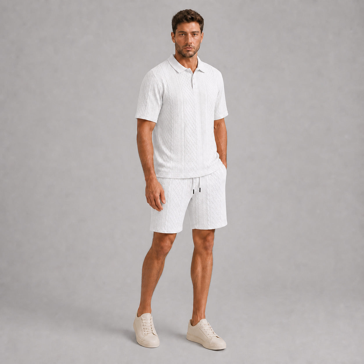 White men's textured jacquard polo shirt and shorts set, natural 45-degree full-body view
