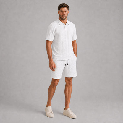 White men's textured jacquard polo shirt and shorts set, natural 45-degree full-body view