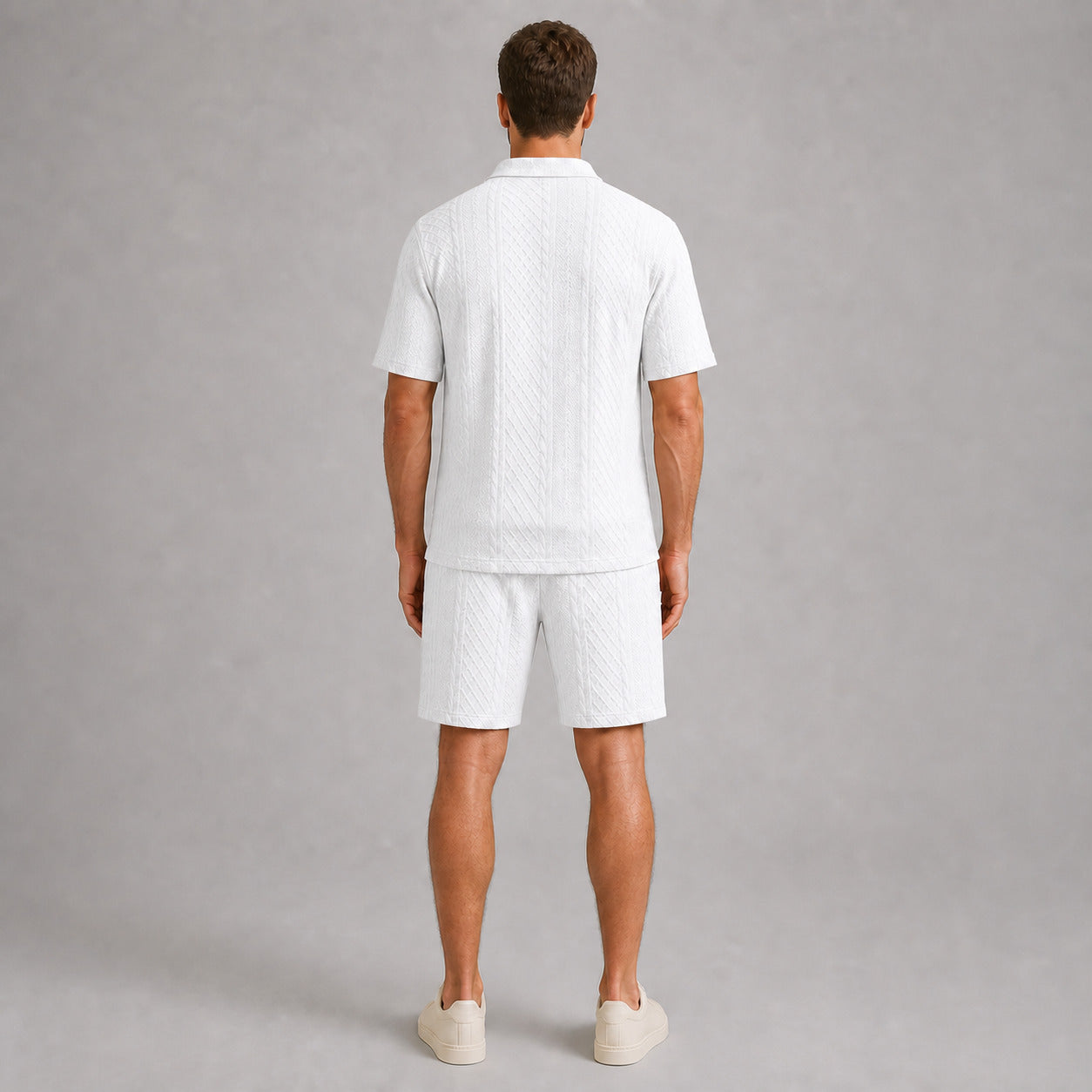 White men's textured jacquard polo shirt and shorts set, back full-body view