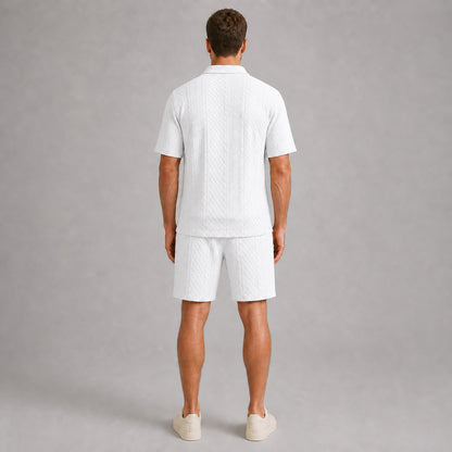 White men's textured jacquard polo shirt and shorts set, back full-body view