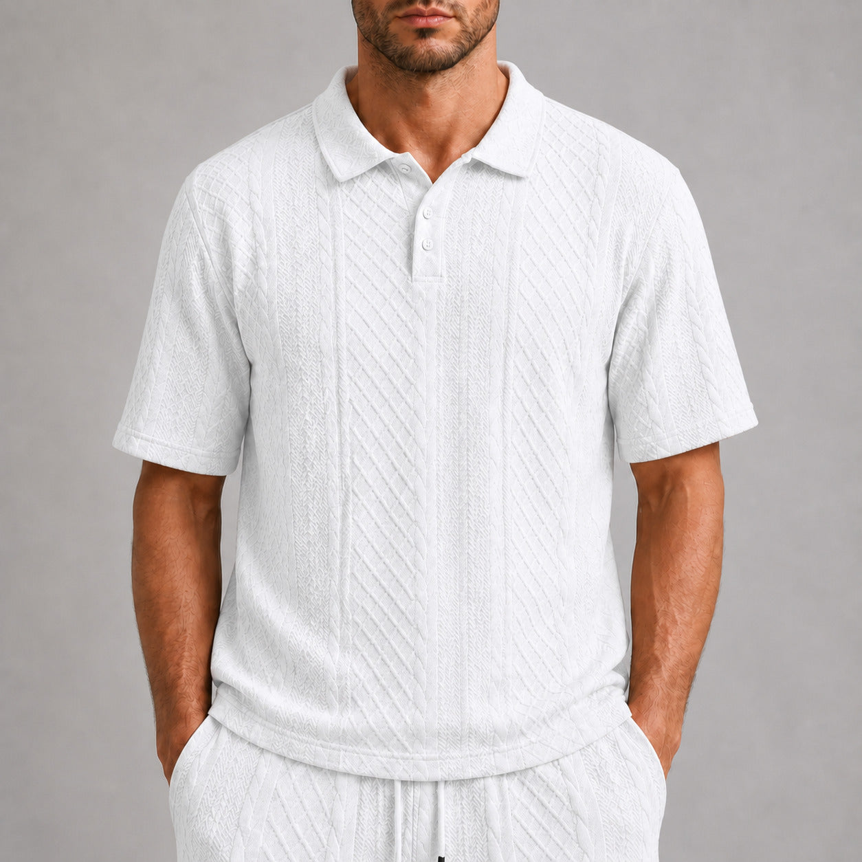 White men's textured jacquard polo shirt, raised geometric texture close-up