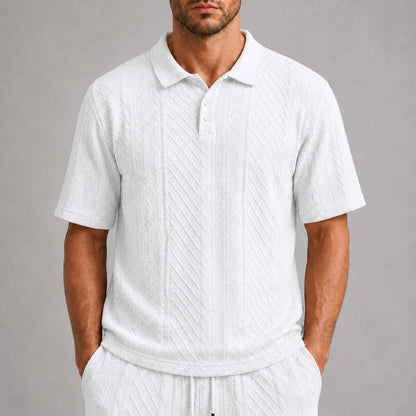 White men's textured jacquard polo shirt, raised geometric texture close-up