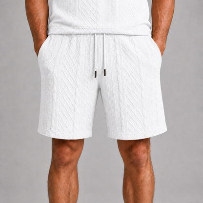 White men's drawstring shorts, raised geometric texture close-up