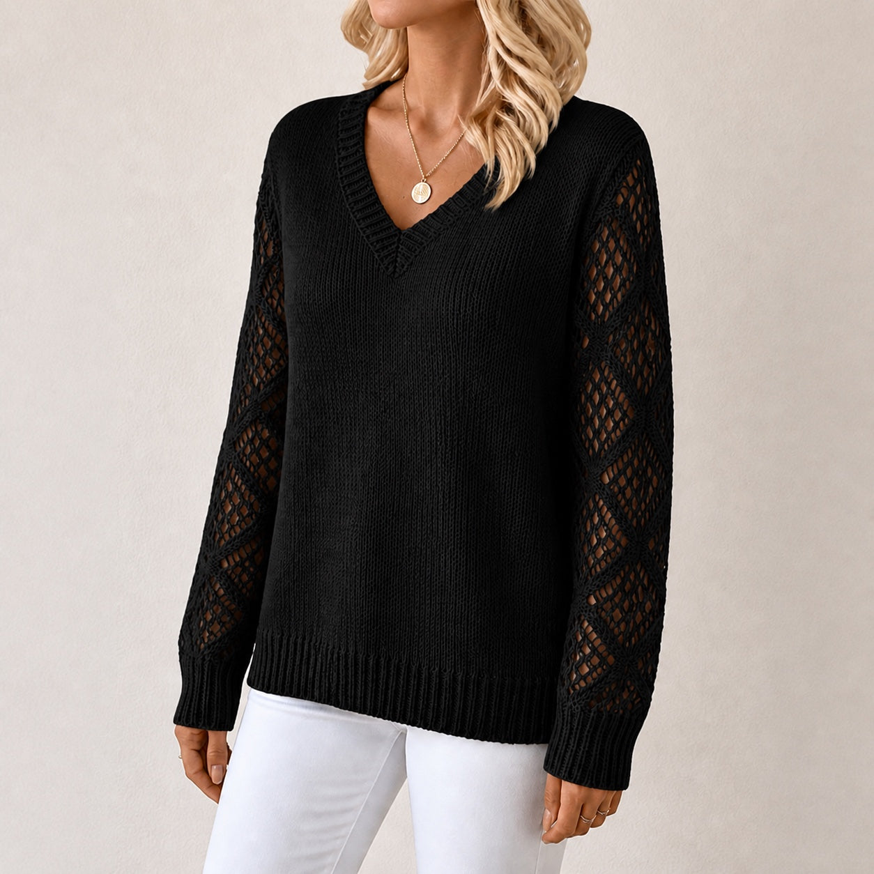 Black women's V-neck openwork sleeve knitted jumper, left-front three-quarter view