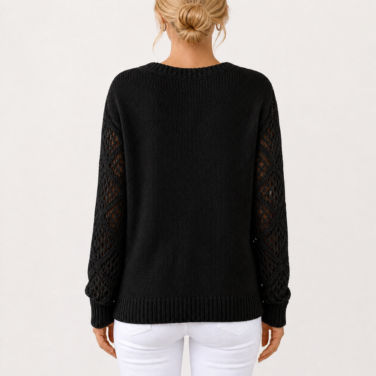 Black women's V-neck openwork sleeve knitted jumper, back view